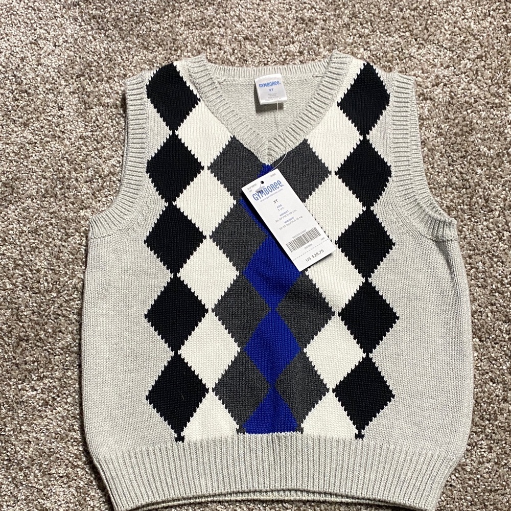 Gymboree V-Neck Argyle Sweater Vest - Black, Blue, Gray new 3T boys